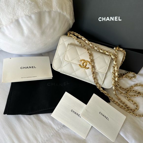 CHANEL WOC mini Crossbody White Gold Quilted Caviar Bag [2022] - Picture 1 of 17